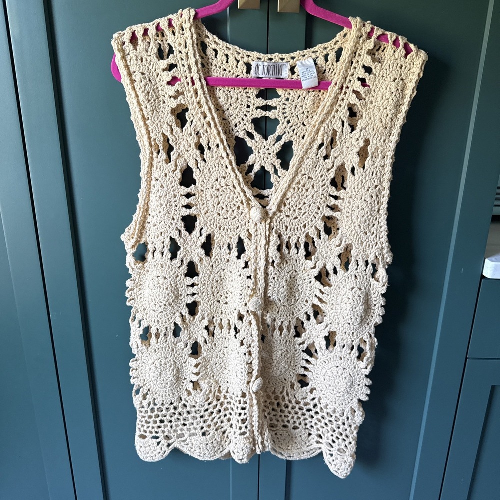 de rotchild yellow vintage Crochet Knit Long Vest‎ Size M
